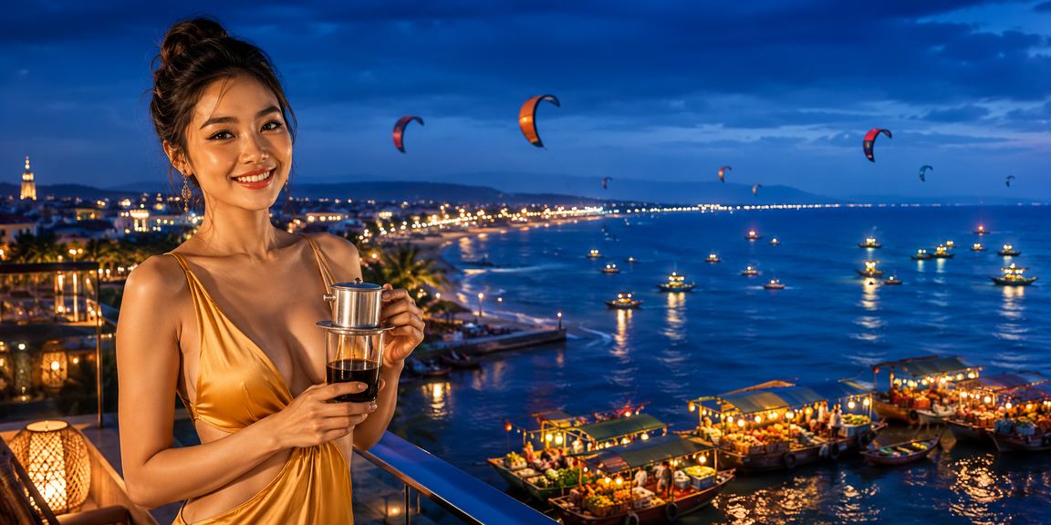 Người dùng Việt Nam xem kèo trận đấu trên điện thoại bên ly cà phê tại Mũi Né